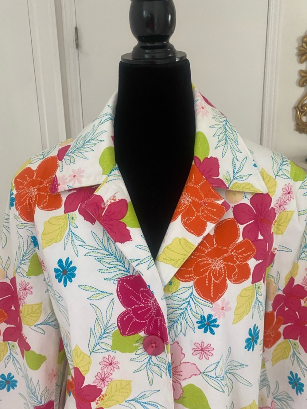 Harvé Benard Bold Colourful Floral button down lined cotton Spring Coat Size 16 - Picture 3 of 17